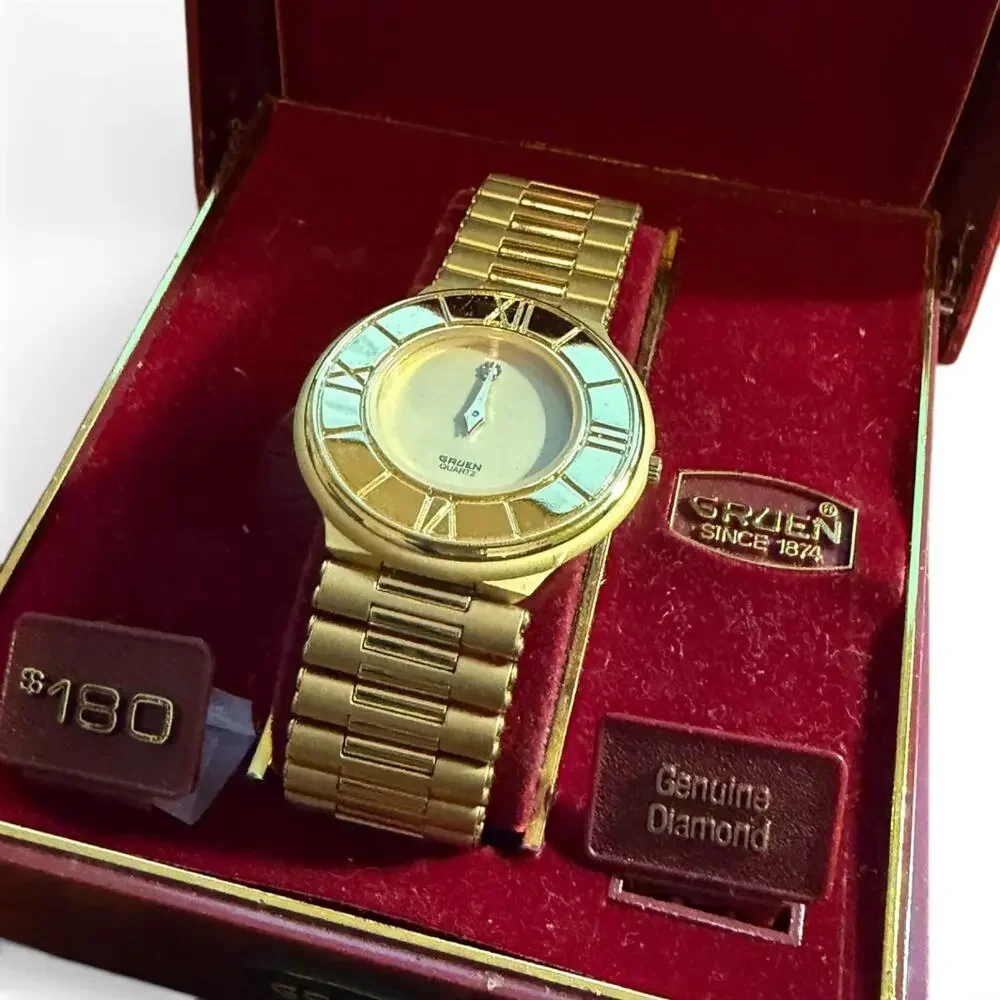 Vintage Gruen Precision Quartz Gold Tone Watch with Genuine Diamond & Box